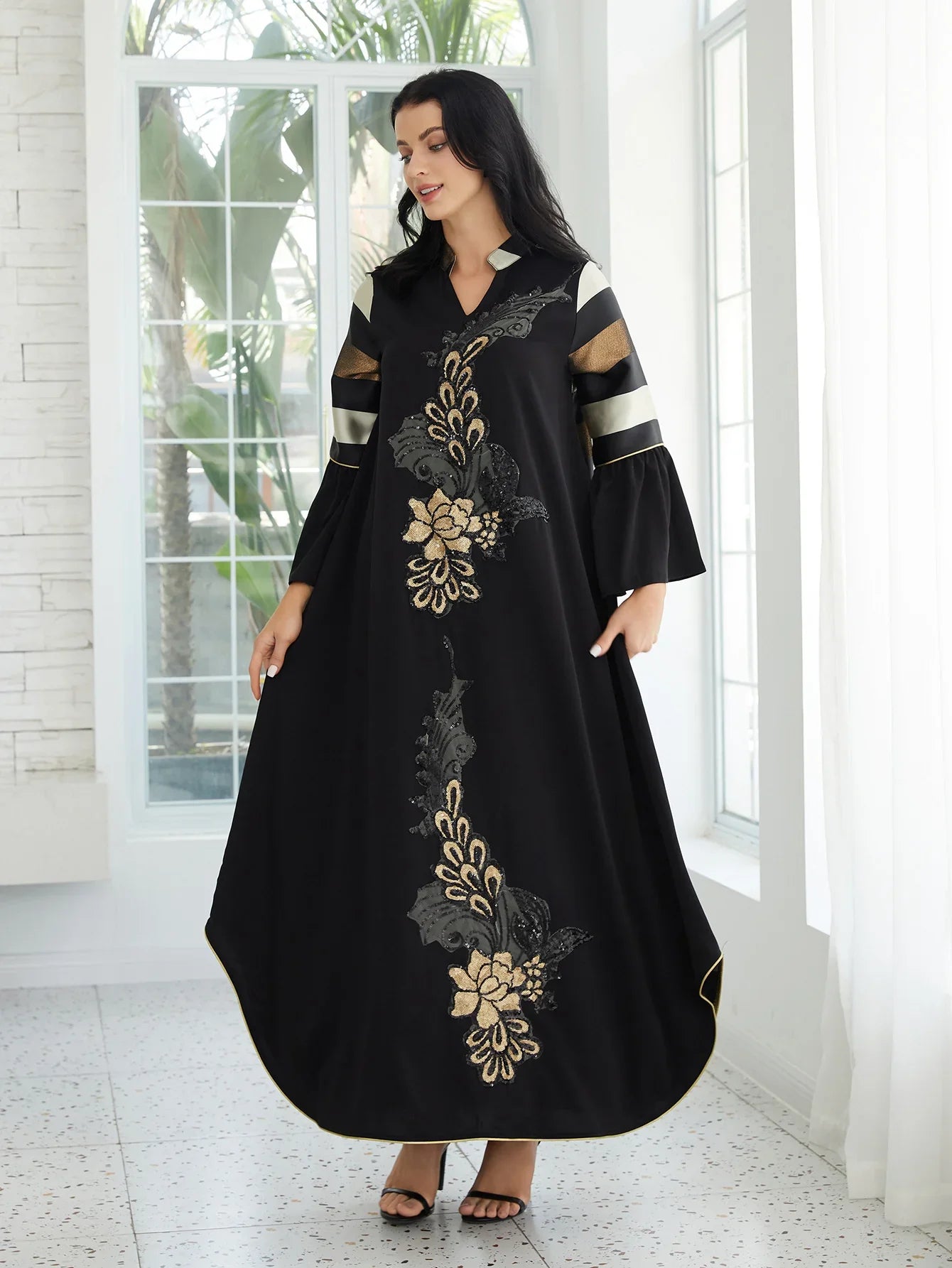 Patchwork Striped Black Long Jalabiya