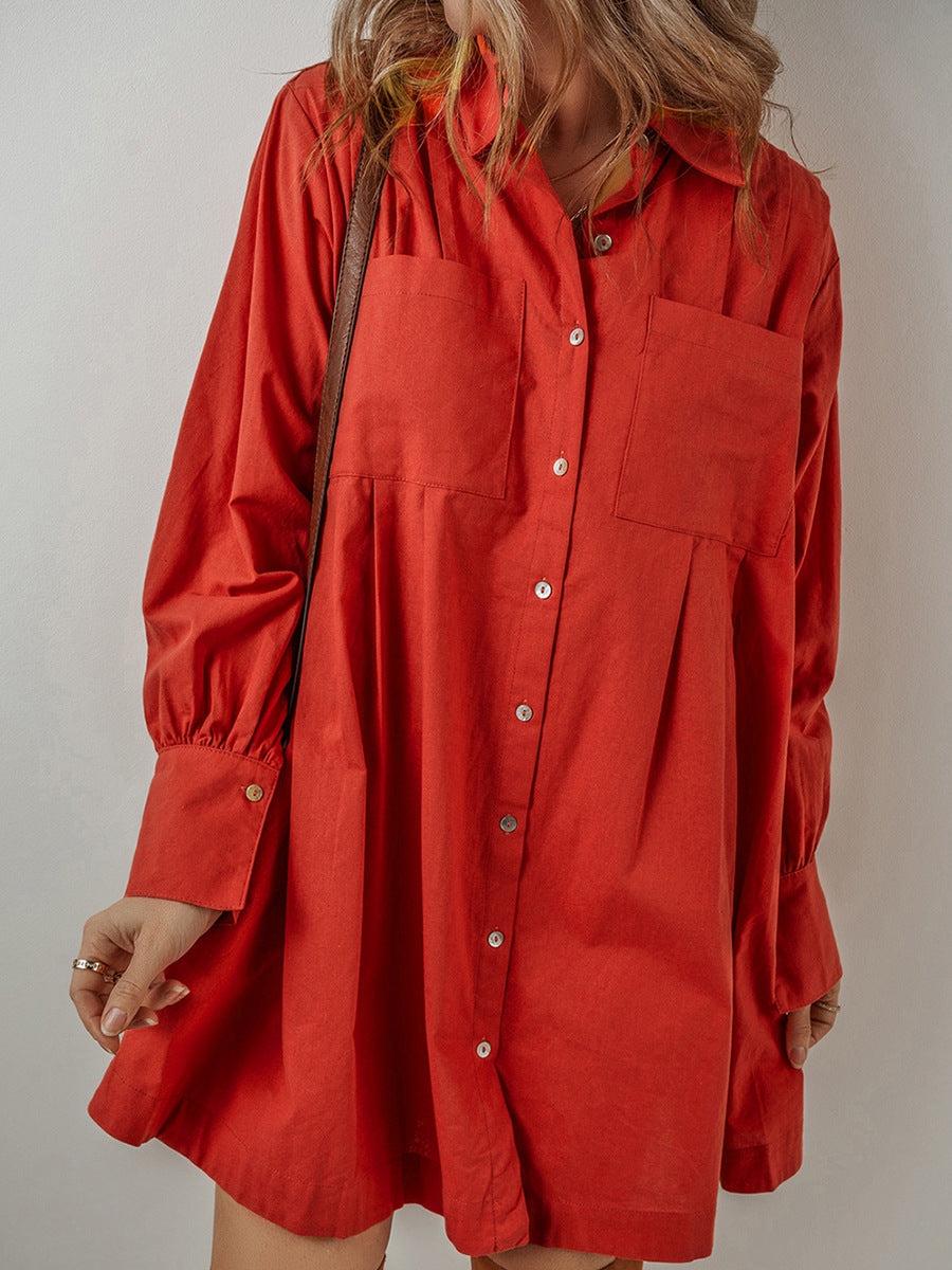 Pocketed Button Down Long Sleeve Shirt Dress