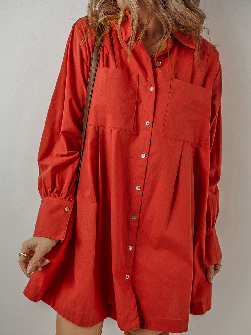 Pocketed Button Down Long Sleeve Shirt Dress