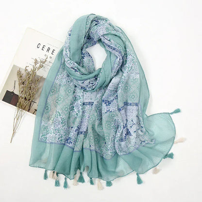 Vintage Stitching Bohemian Cashew Light Turquoise Scarf