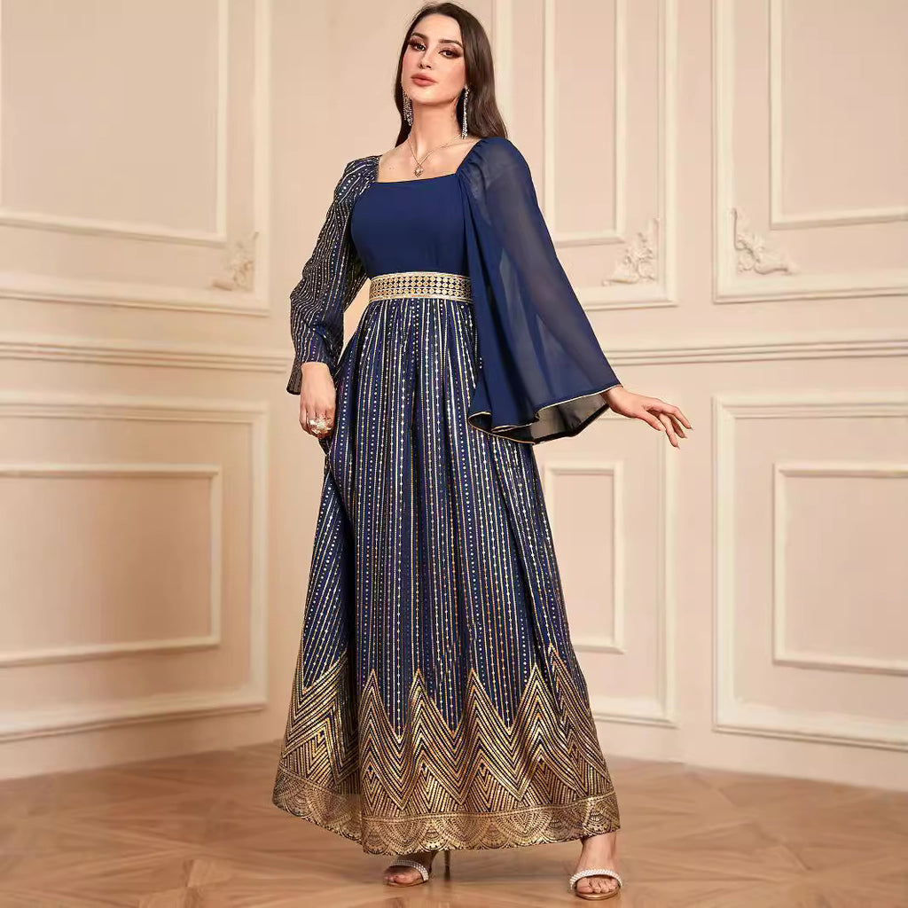 Elegant Floral Embossed Arabian Royal Blue Maxi Dress