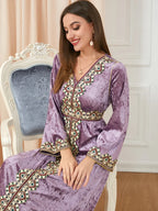 Luxury Pink Velvet Floral Weaving Moroccan Kaftan