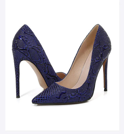 Embossed Snake Ultra High Heels Blue Pumps