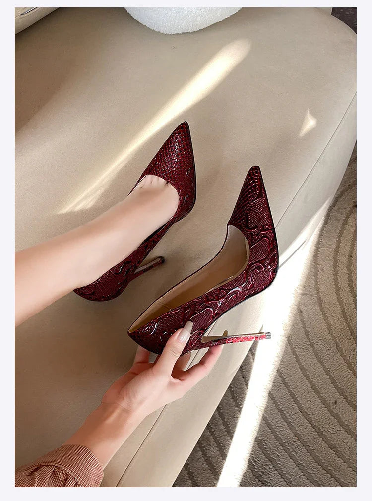 Embossed Snake Ultra High Heels Red Pumps