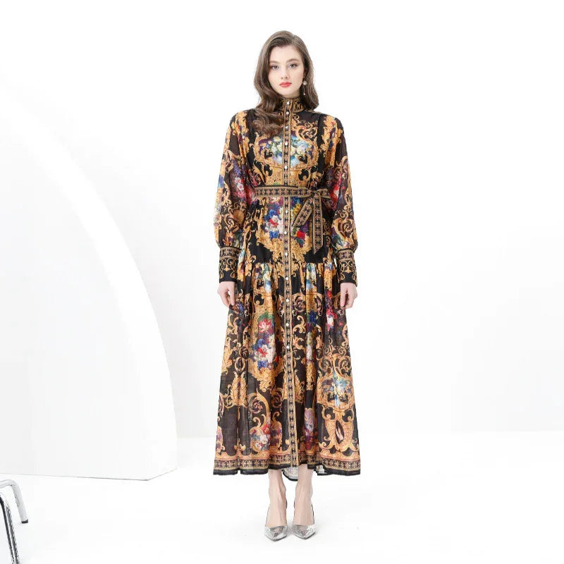 Court Style Lantern Sleeve Strap Waist Luxury Black Dress