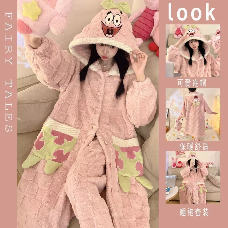 Thickeneded Velvet Flannel Warmth Pink Star Cute Pajama