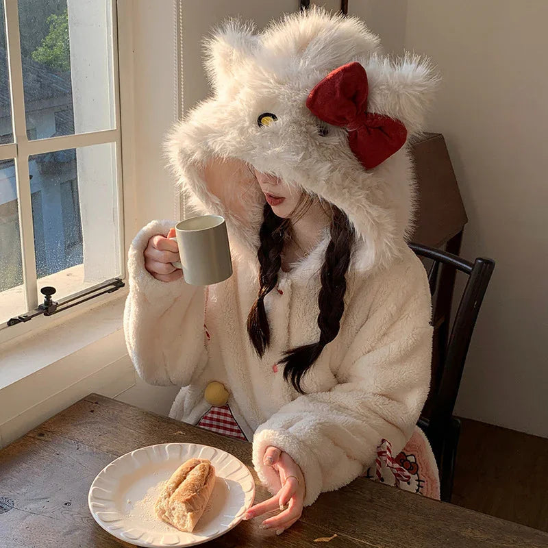 Thickeneded Velvet Flannel Warmth Red Bow kt Cat Cute Pajama