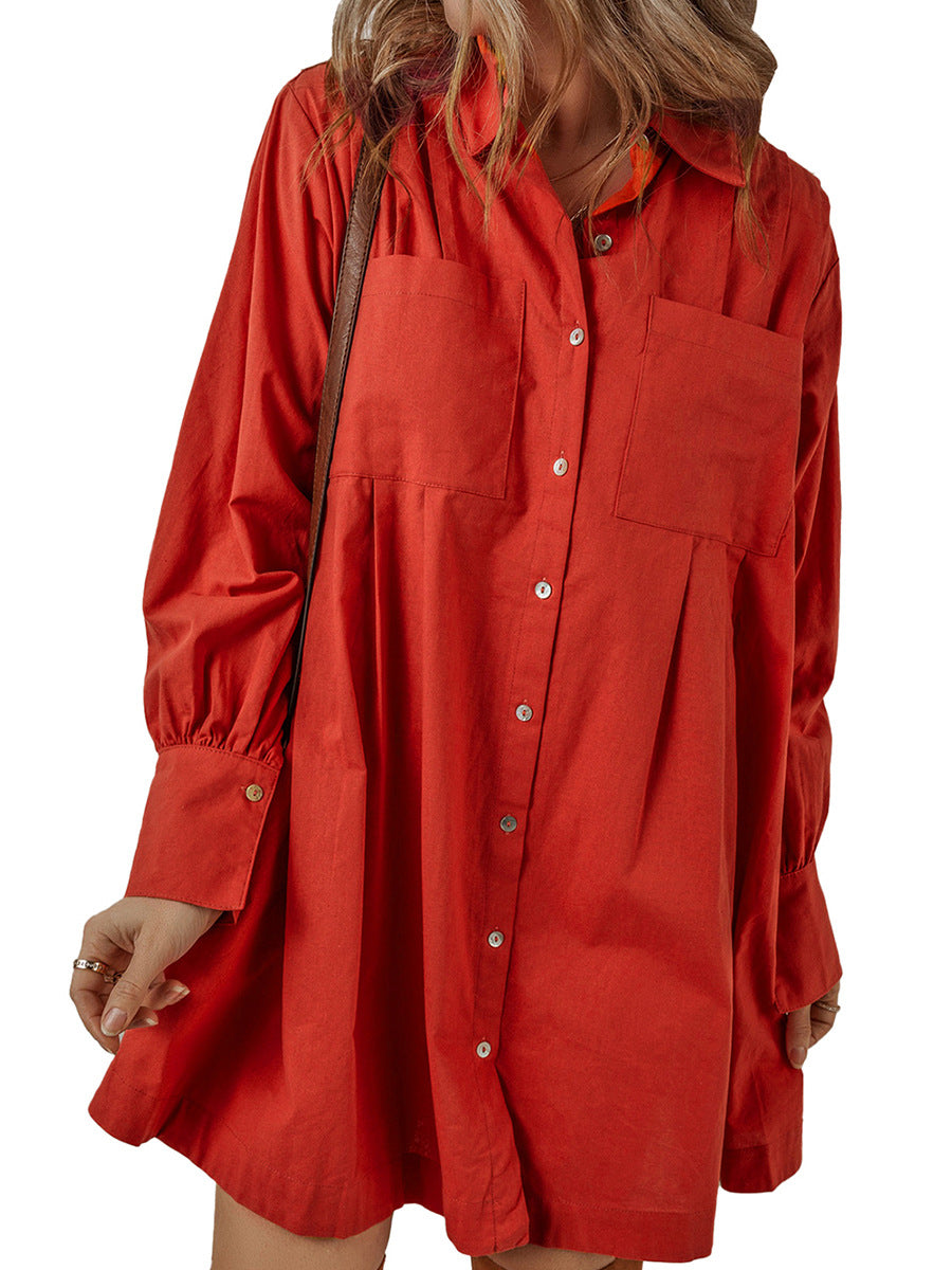 Pocketed Button Down Long Sleeve Shirt Dress