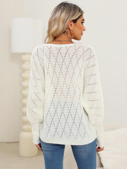 Lace Detail V-Neck Long Sleeve Rice White Sweater