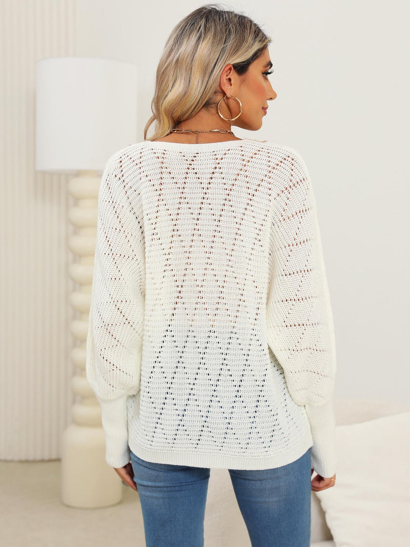 Lace Detail V-Neck Long Sleeve Rice White Sweater