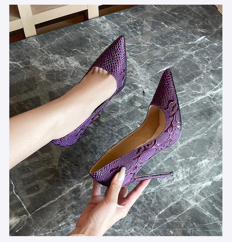 Embossed Snake Ultra High Heels Purple Pumps
