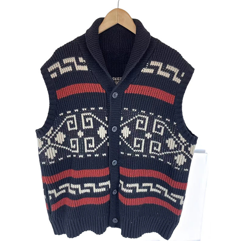 Retro Casual Men Knitted Dark Blue Cardigan