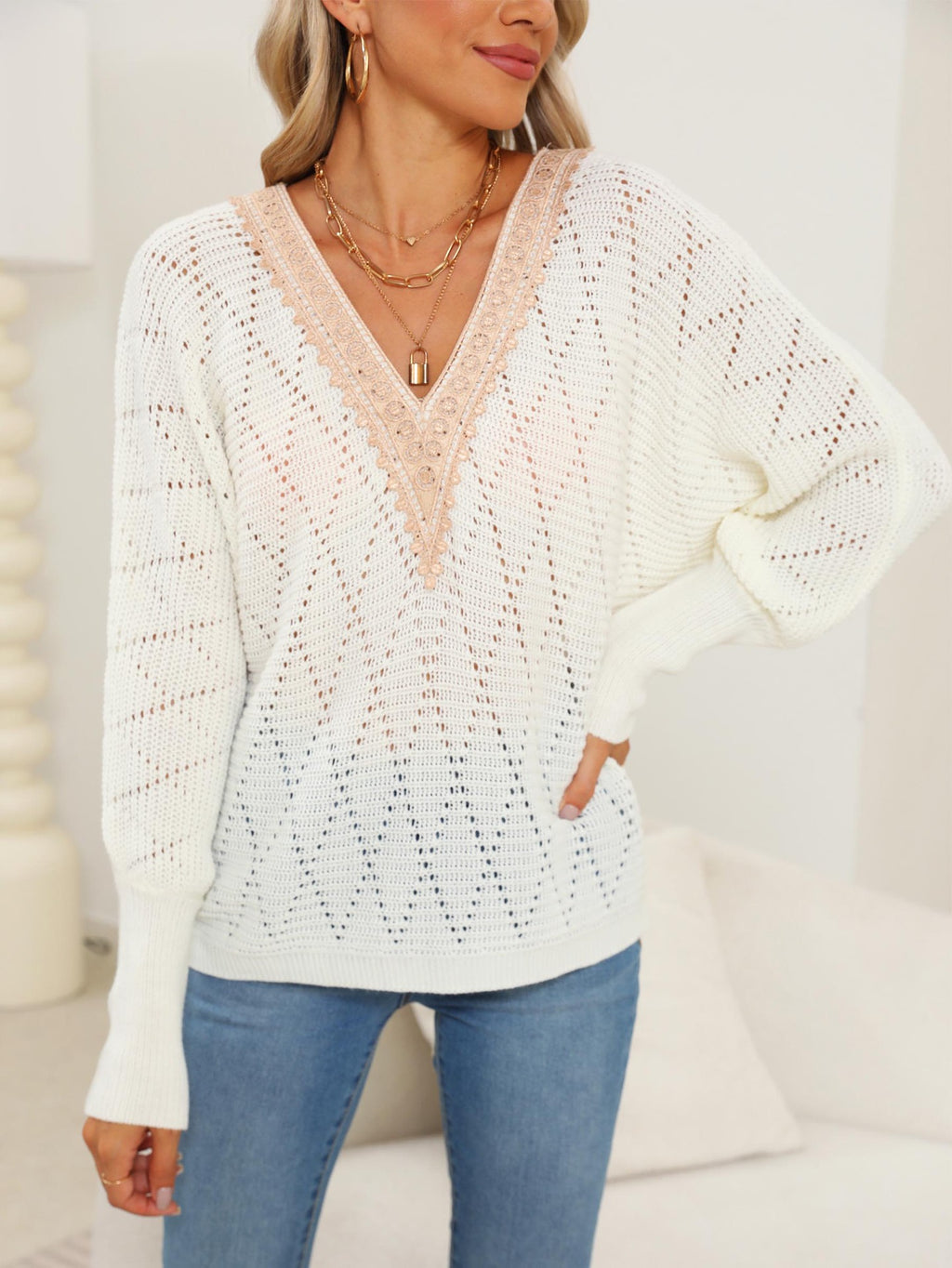 Lace Detail V-Neck Long Sleeve Rice White Sweater