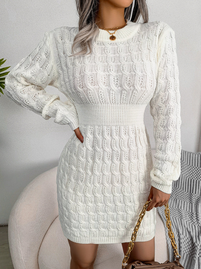 Cable-Knit Openwork White Sweater Dress