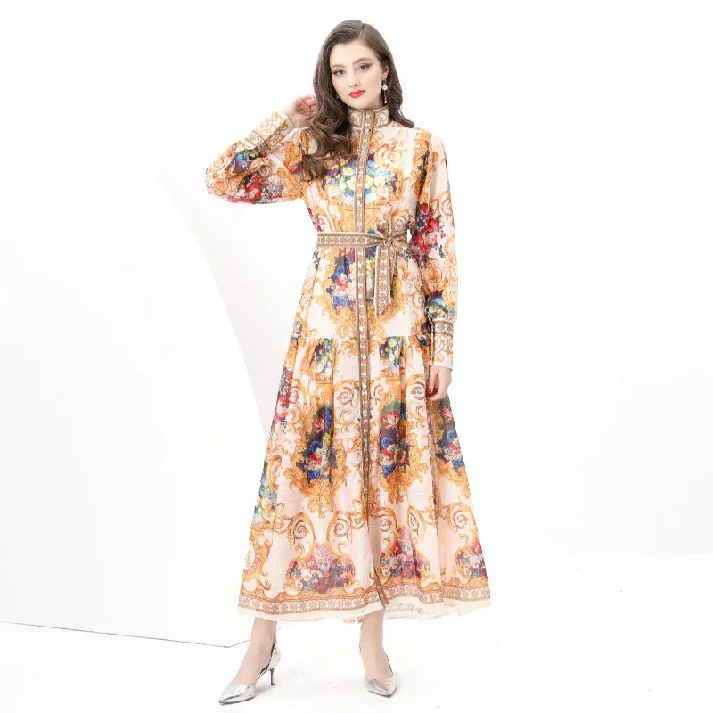 Court Style Lantern Sleeve Strap Waist Luxury Gold Dress