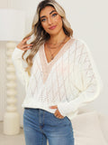 Lace Detail V-Neck Long Sleeve Rice White Sweater
