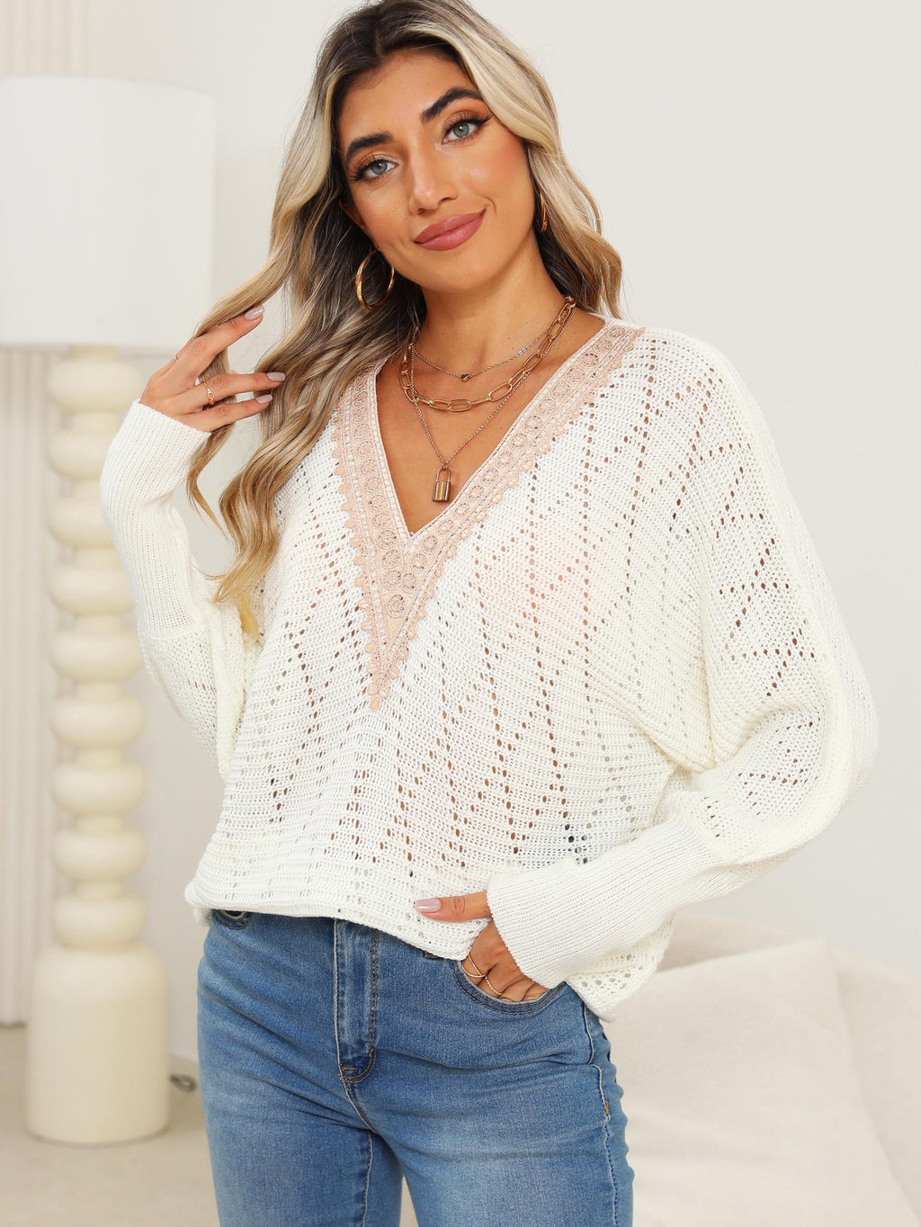 Lace Detail V-Neck Long Sleeve Rice White Sweater