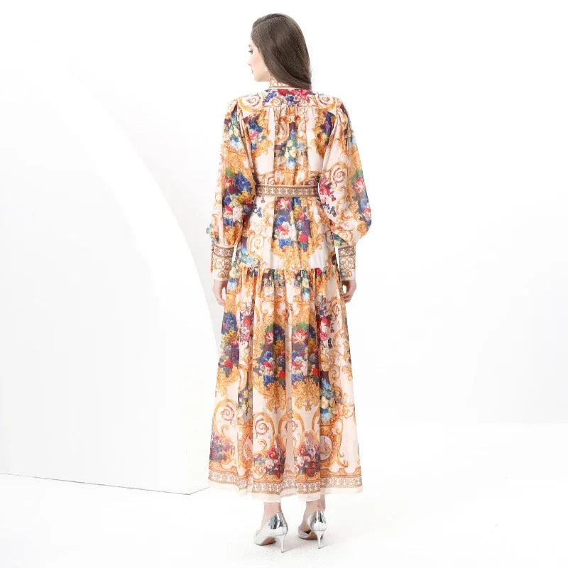 Court Style Lantern Sleeve Strap Waist Luxury Gold Dress