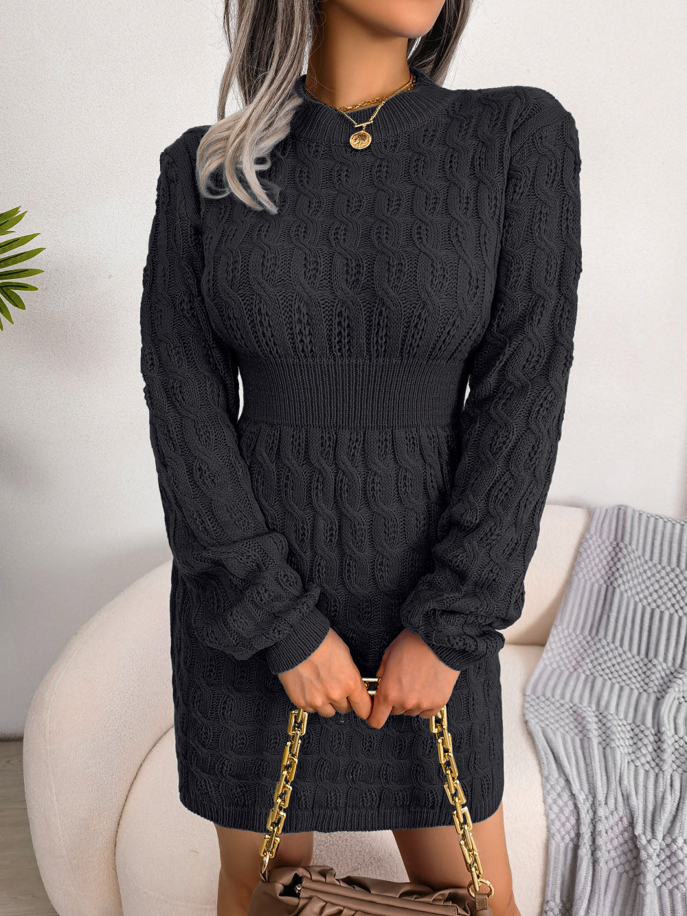 Cable-Knit Openwork Black Sweater Dress