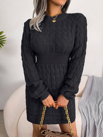Cable-Knit Openwork Black Sweater Dress