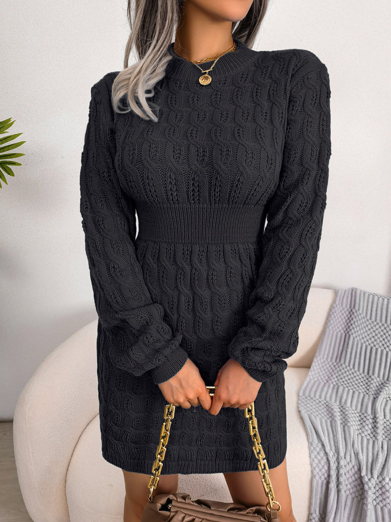 Cable-Knit Openwork Black Sweater Dress