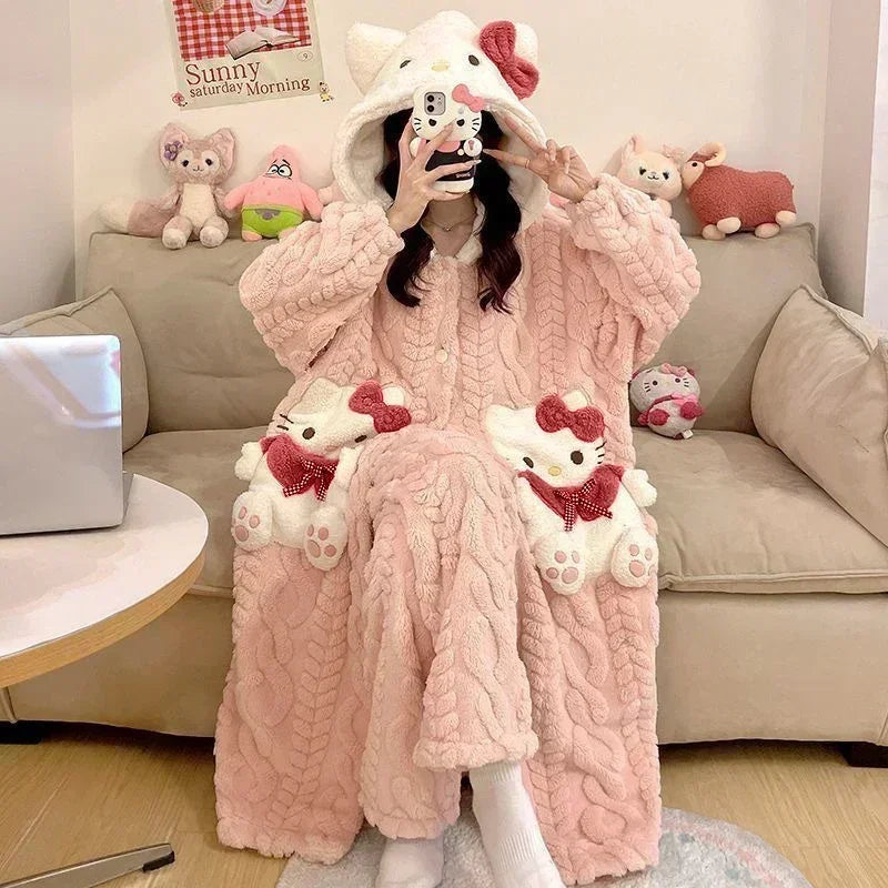 Thickeneded Velvet Flannel Warmth Pink kt Cat Hat Cute Pajama