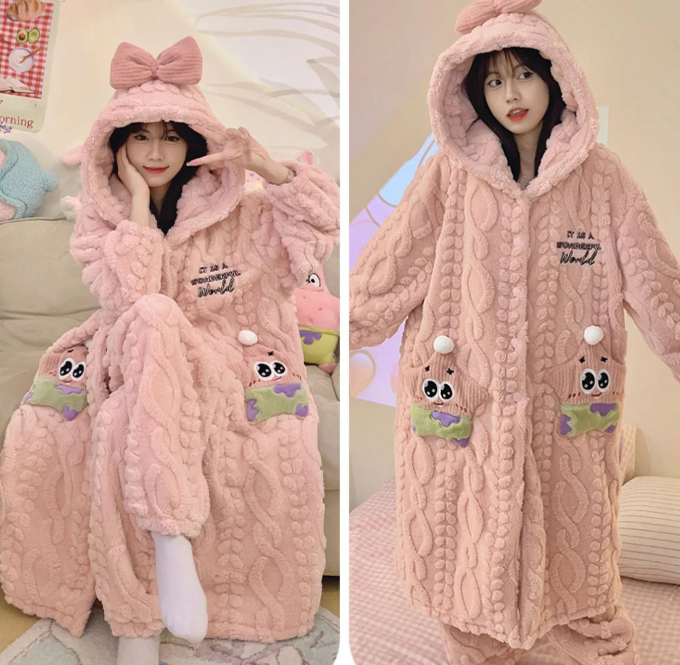 Thickeneded Velvet Flannel Warmth Pink Star Bow Cute Pajama