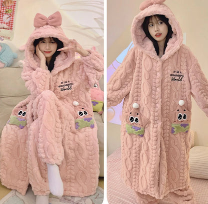 Thickeneded Velvet Flannel Warmth Pink Star Bow Cute Pajama