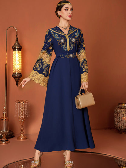 Embroidered Hand-Sewn Diamond V Neck Long Dress