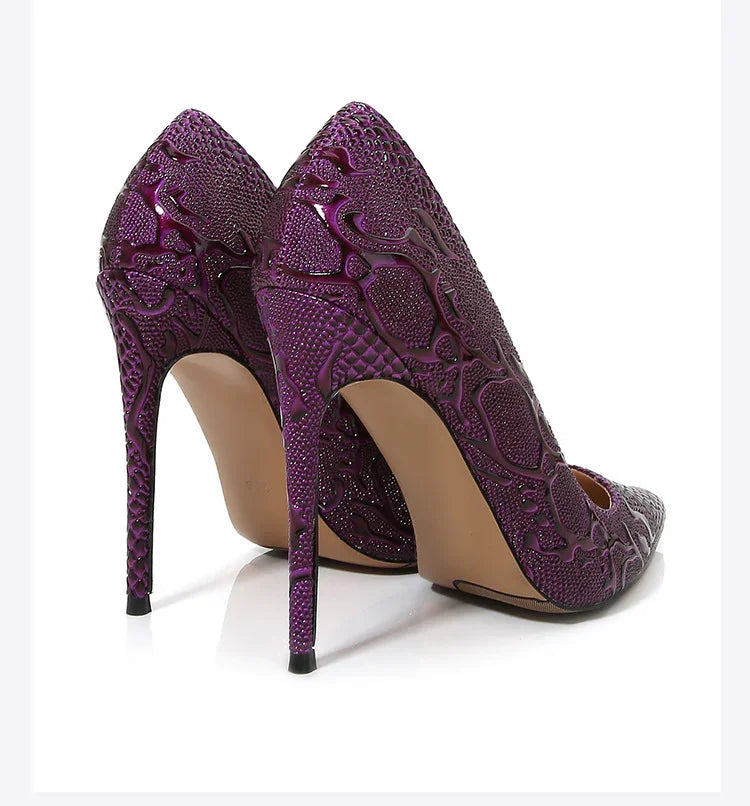 Embossed Snake Ultra High Heels Purple Pumps