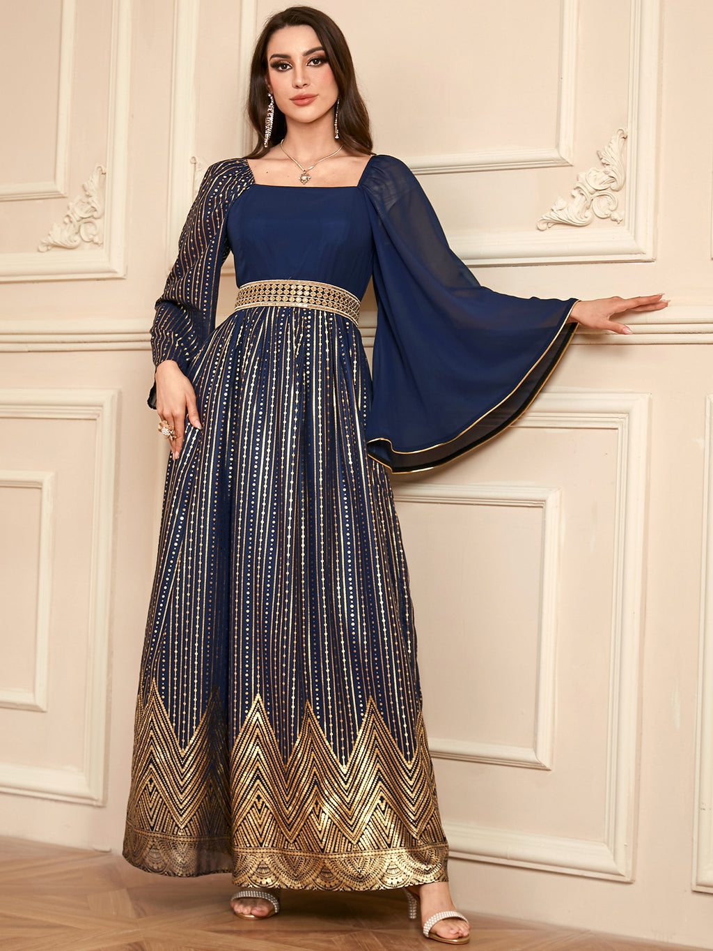 Elegant Floral Embossed Arabian Royal Blue Maxi Dress