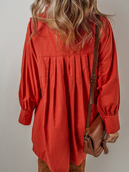 Pocketed Button Down Long Sleeve Shirt Dress