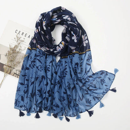 Cotton Linen Retro Ocean Blue Long Scarf