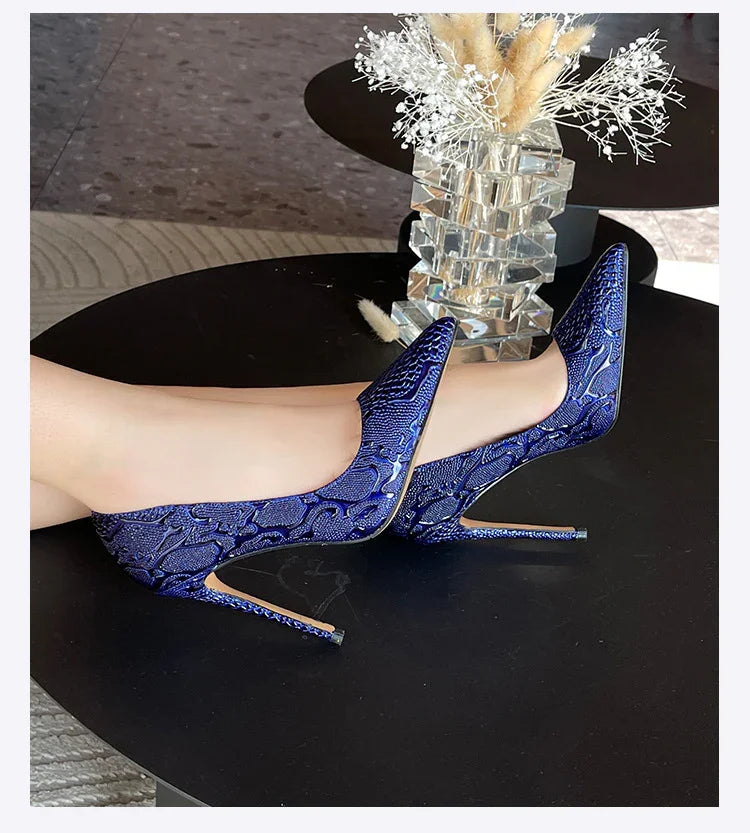 Embossed Snake Ultra High Heels Blue Pumps