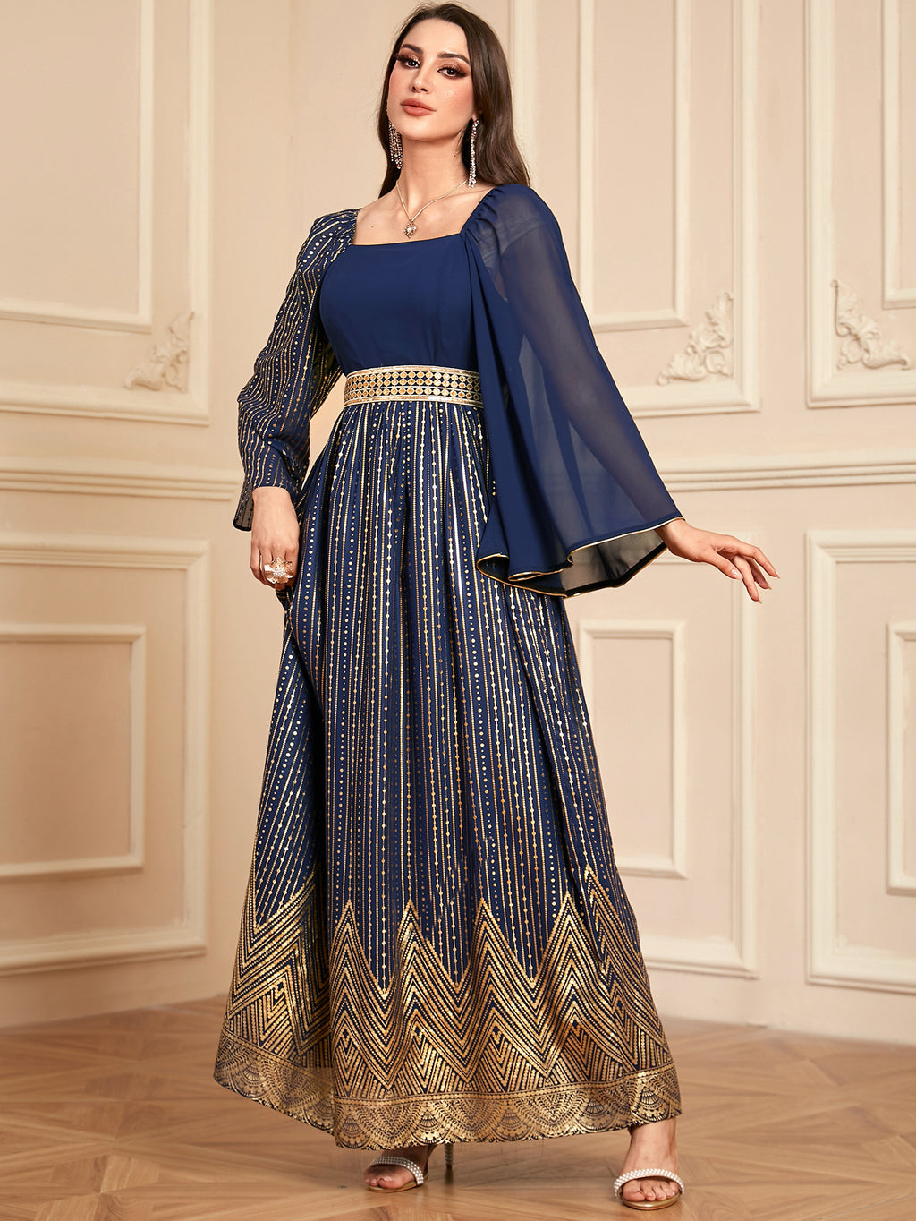 Elegant Floral Embossed Arabian Royal Blue Maxi Dress