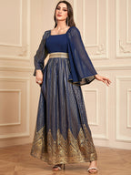 Elegant Floral Embossed Arabian Royal Blue Maxi Dress