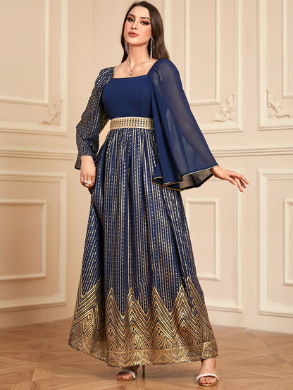 Elegant Floral Embossed Arabian Royal Blue Maxi Dress