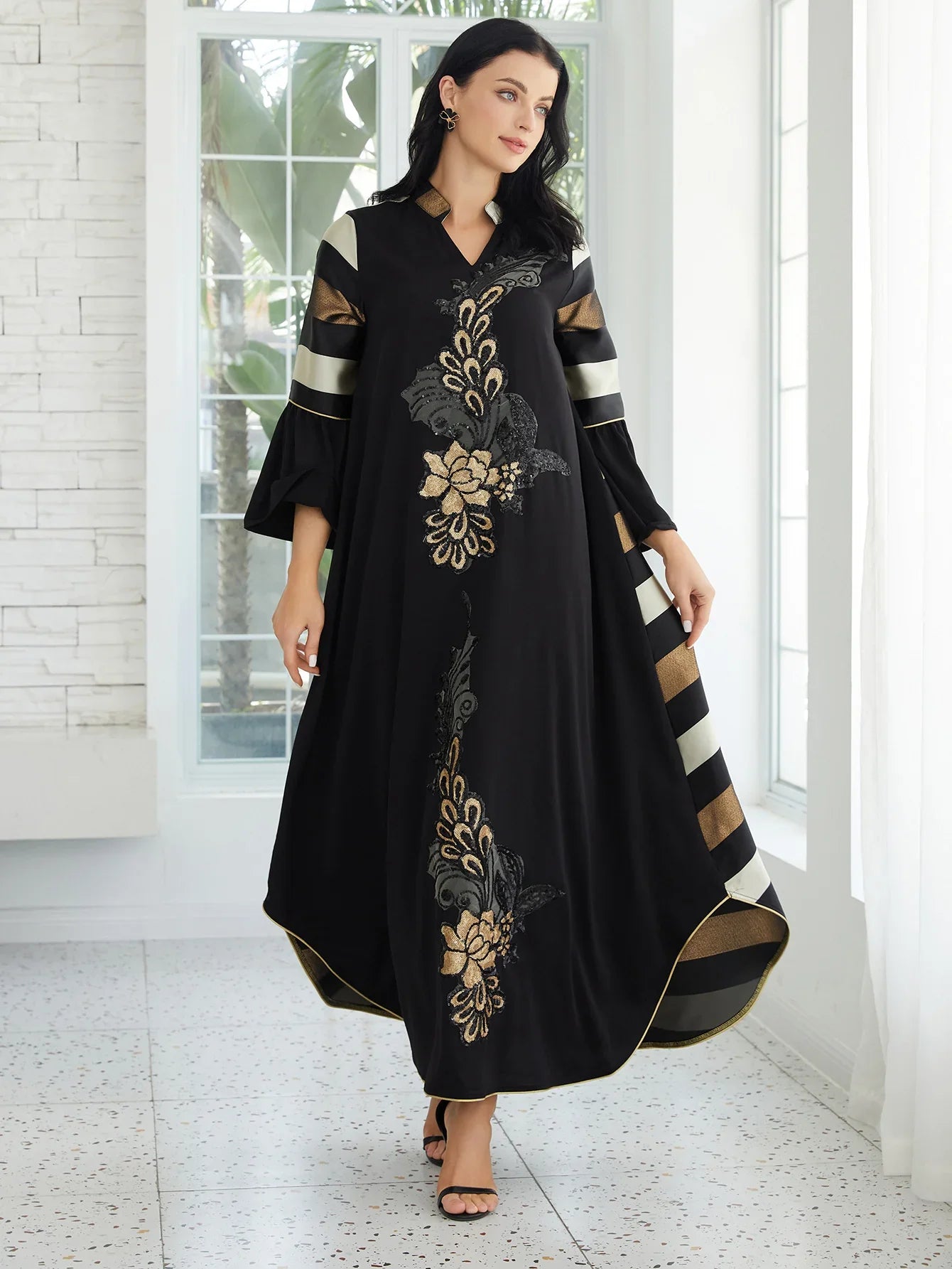 Patchwork Striped Black Long Jalabiya