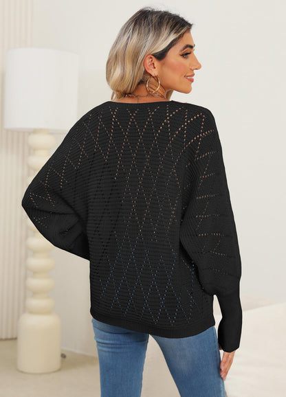 Lace Detail V-Neck Long Sleeve Black Sweater