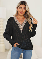 Lace Detail V-Neck Long Sleeve Black Sweater