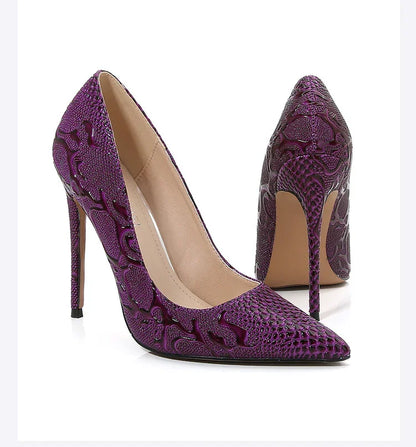 Embossed Snake Ultra High Heels Purple Pumps