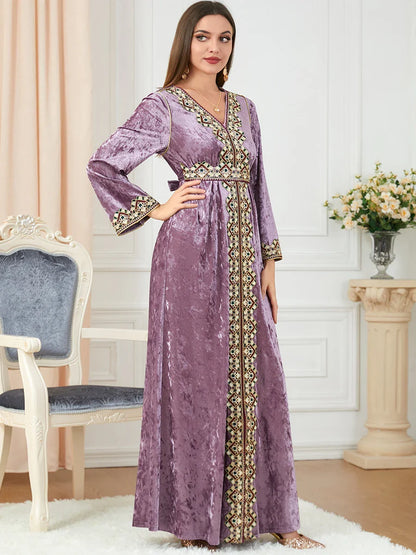 Luxury Pink Velvet Floral Weaving Moroccan Kaftan
