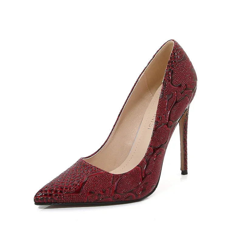 Embossed Snake Ultra High Heels Red Pumps