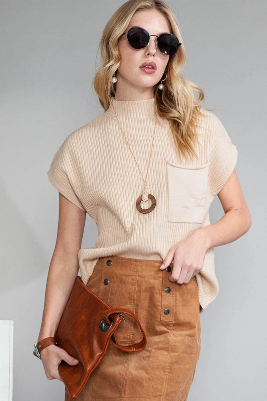 Oatmeal Patch Pocket Ribbed Knit Sweater