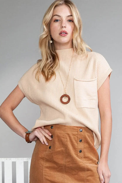 Oatmeal Patch Pocket Ribbed Knit Sweater - IVORYNN