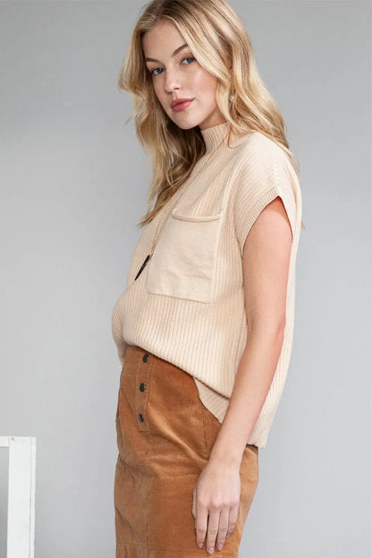 Oatmeal Patch Pocket Ribbed Knit Sweater - IVORYNN