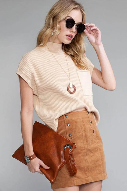 Oatmeal Patch Pocket Ribbed Knit Sweater - IVORYNN