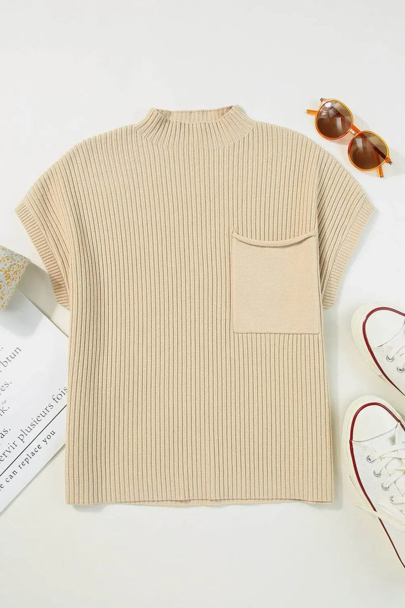Oatmeal Patch Pocket Ribbed Knit Sweater - IVORYNN