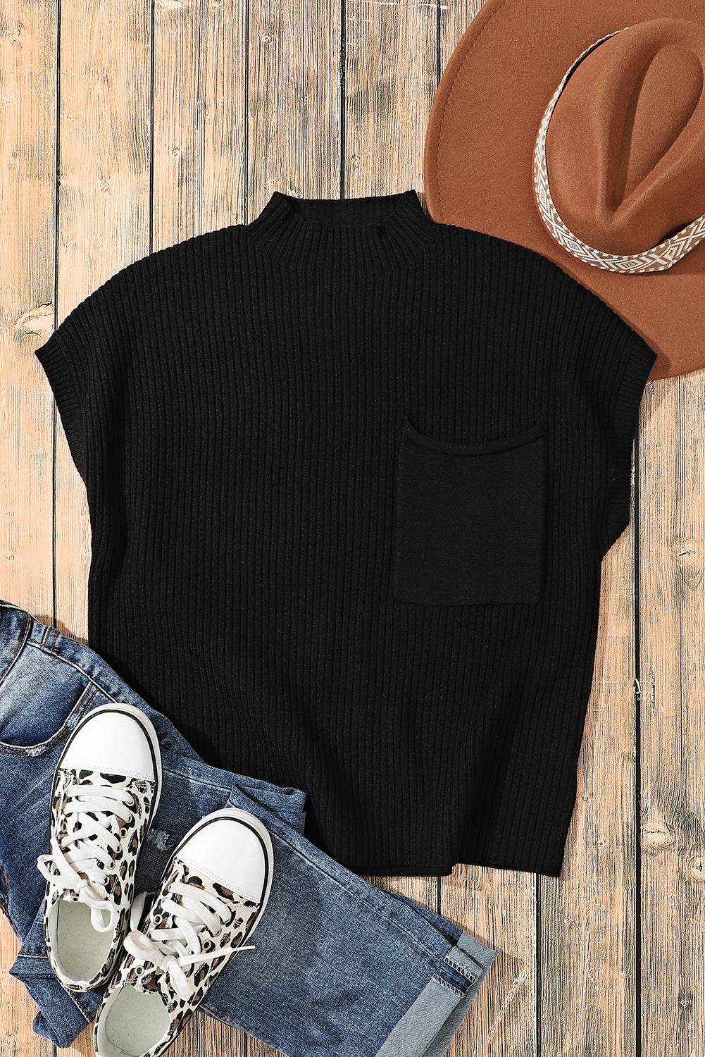 Oatmeal Patch Pocket Ribbed Knit Sweater - IVORYNN