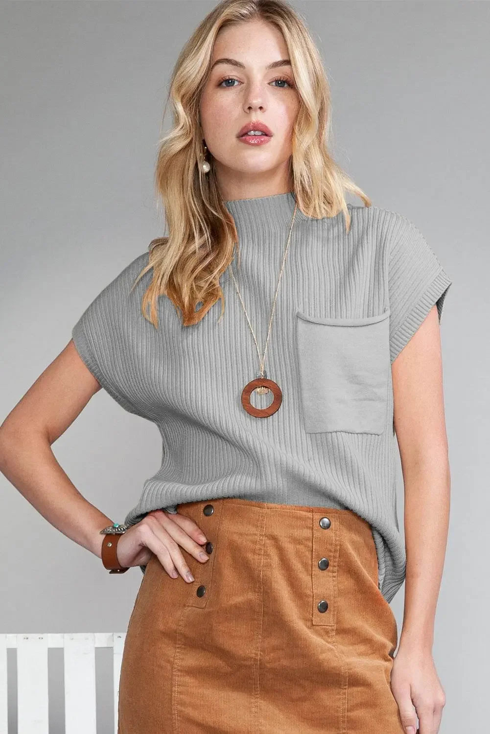 Oatmeal Patch Pocket Ribbed Knit Sweater - IVORYNN